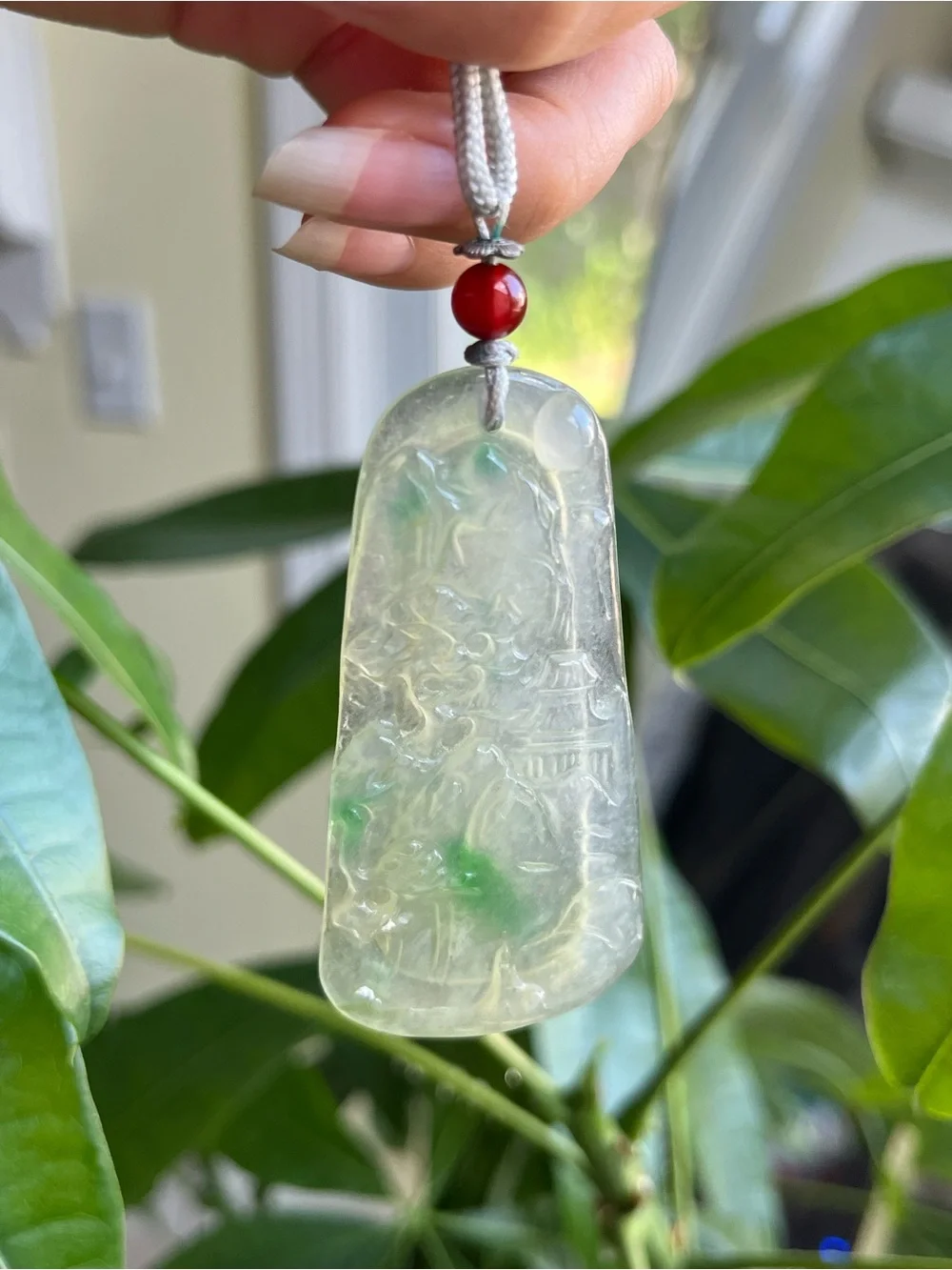 Carved Jadeite Jade Landscape Pendant / Necklace